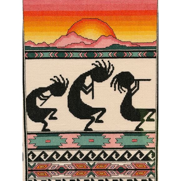 Framed Southwestern Kokopelli Cross-Stitch Art – Sunset Desert Scene (2005) - Picture 3 of 9
